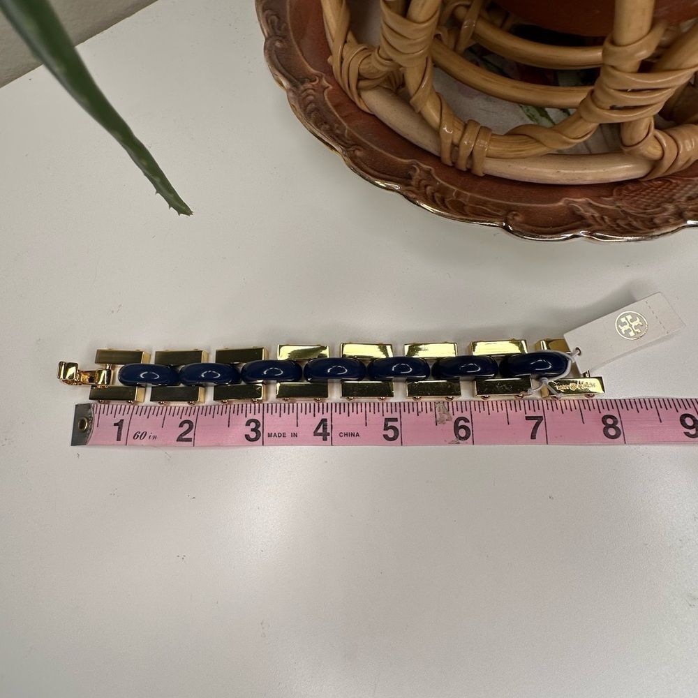 Tory Burch Logo Link Chunky Bangle Bracelet Blue Gold Enamel Chain NWT MSRP $299 - Picture 11 of 11